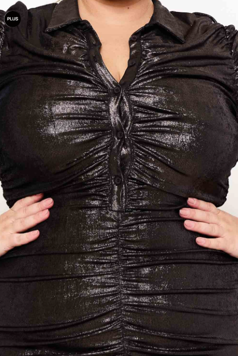 Plus Size Metallic Ruched Shirt  Dress- Gunmetal