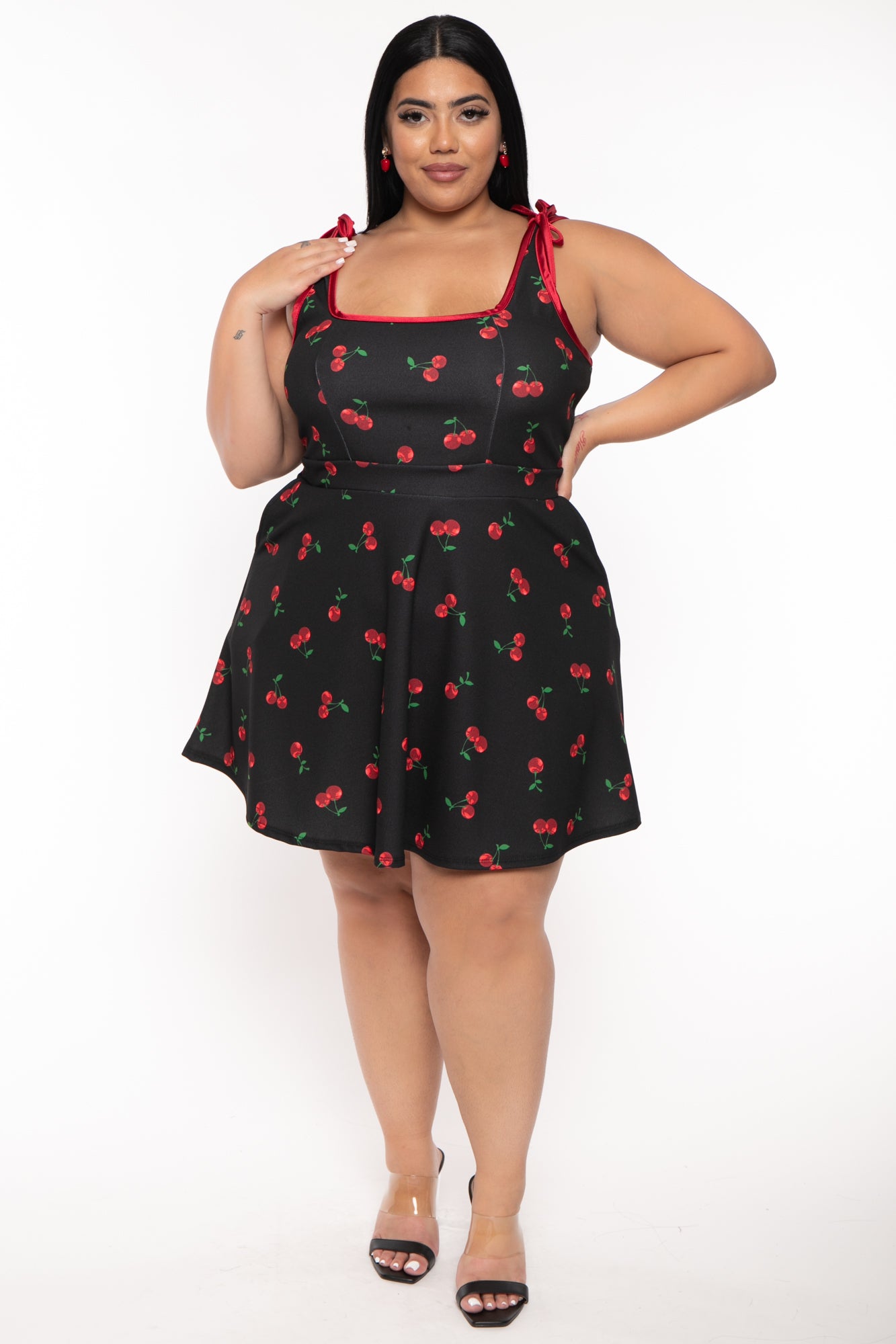 Plus Size Mirsa Cherry  Flare  Dress- Black