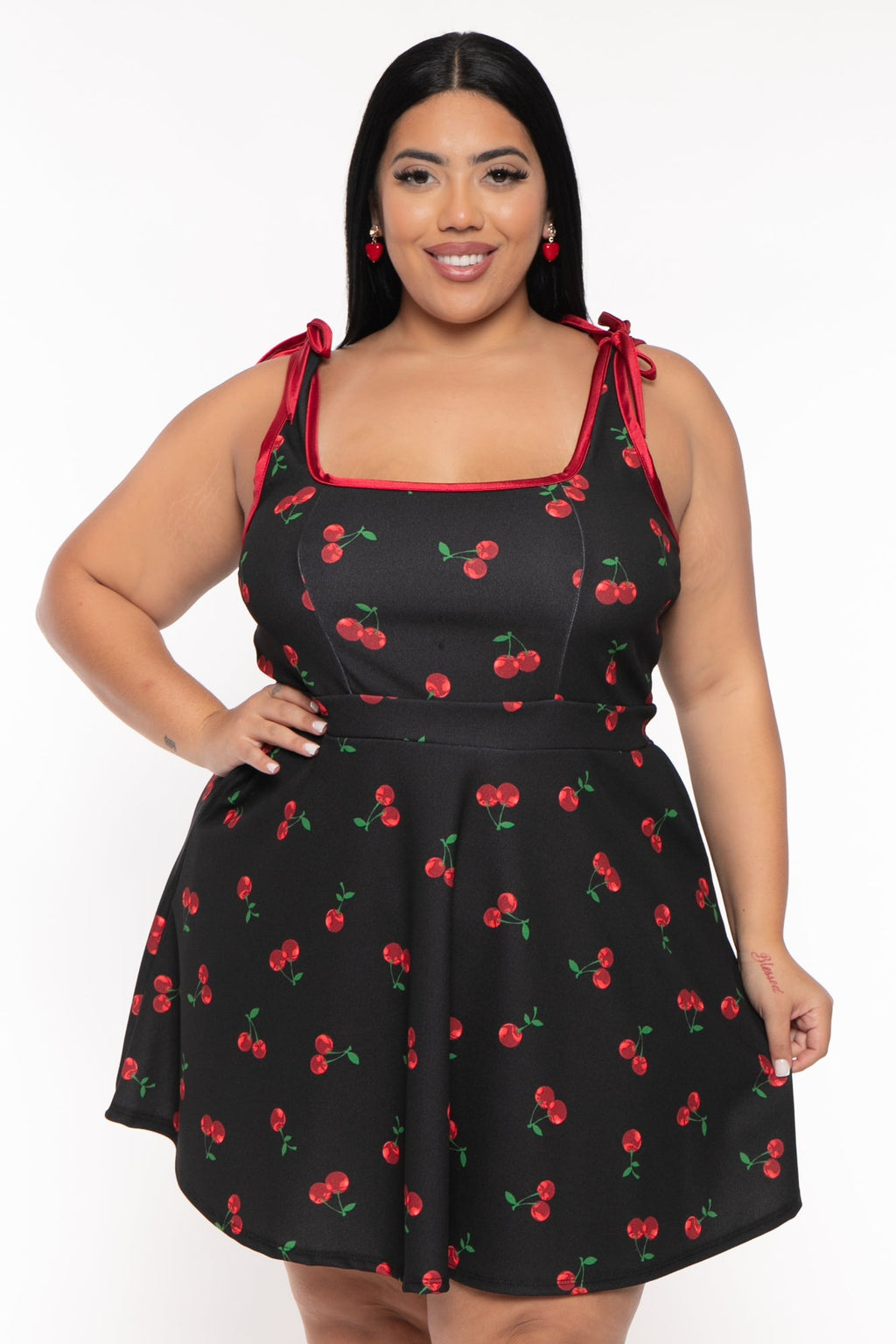 Plus Size Mirsa Cherry  Flare  Dress- Black