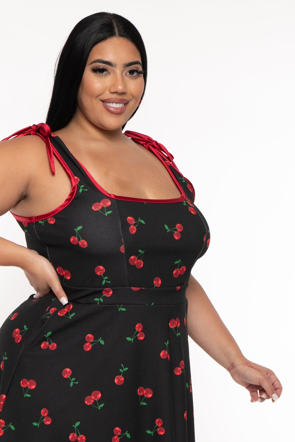 Plus Size Mirsa Cherry  Flare  Dress- Black