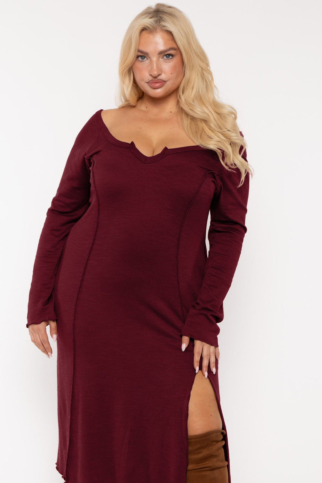 Plus Size Notch Neck  Maxi Dress -Burgundy