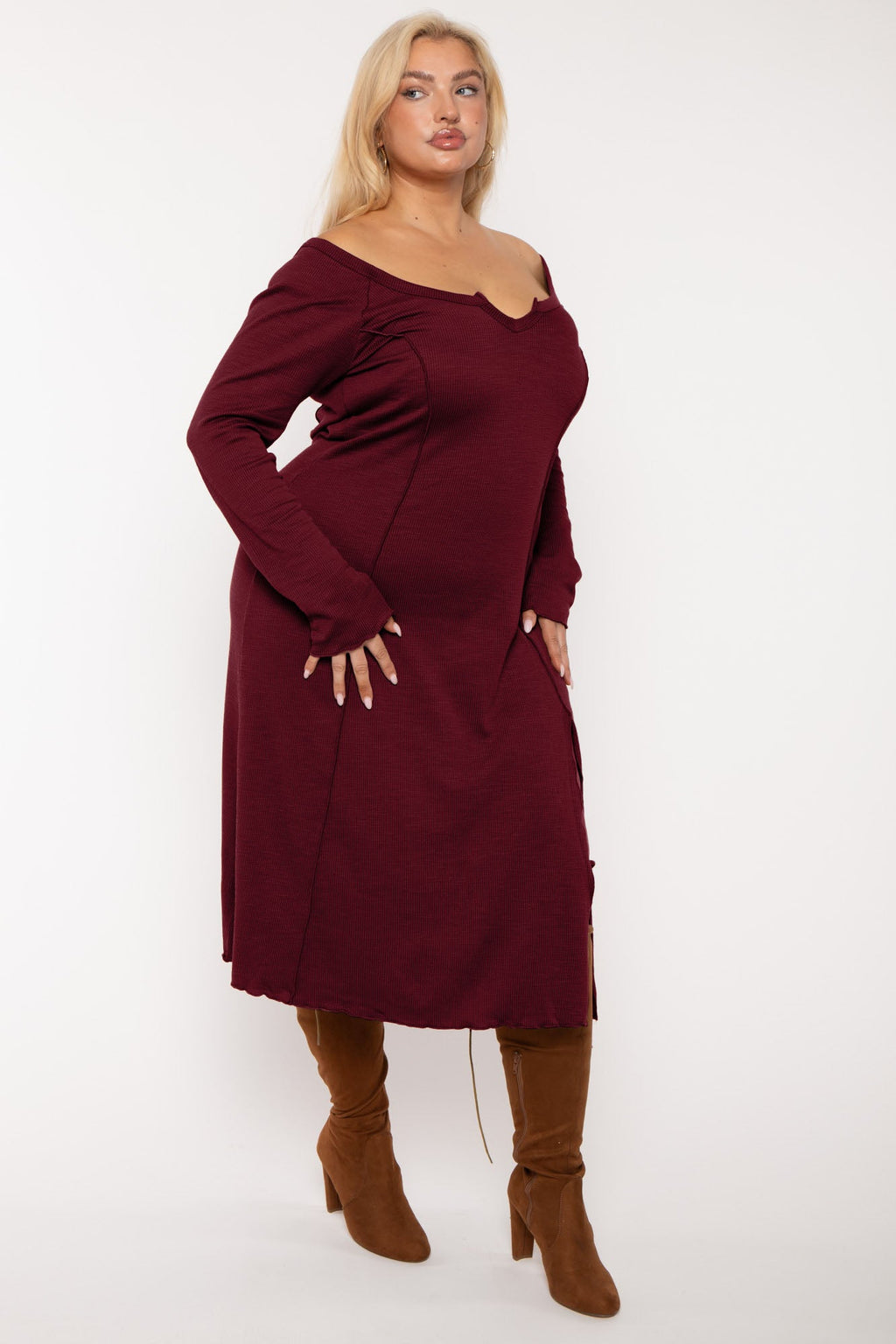 Plus Size Notch Neck  Maxi Dress -Burgundy