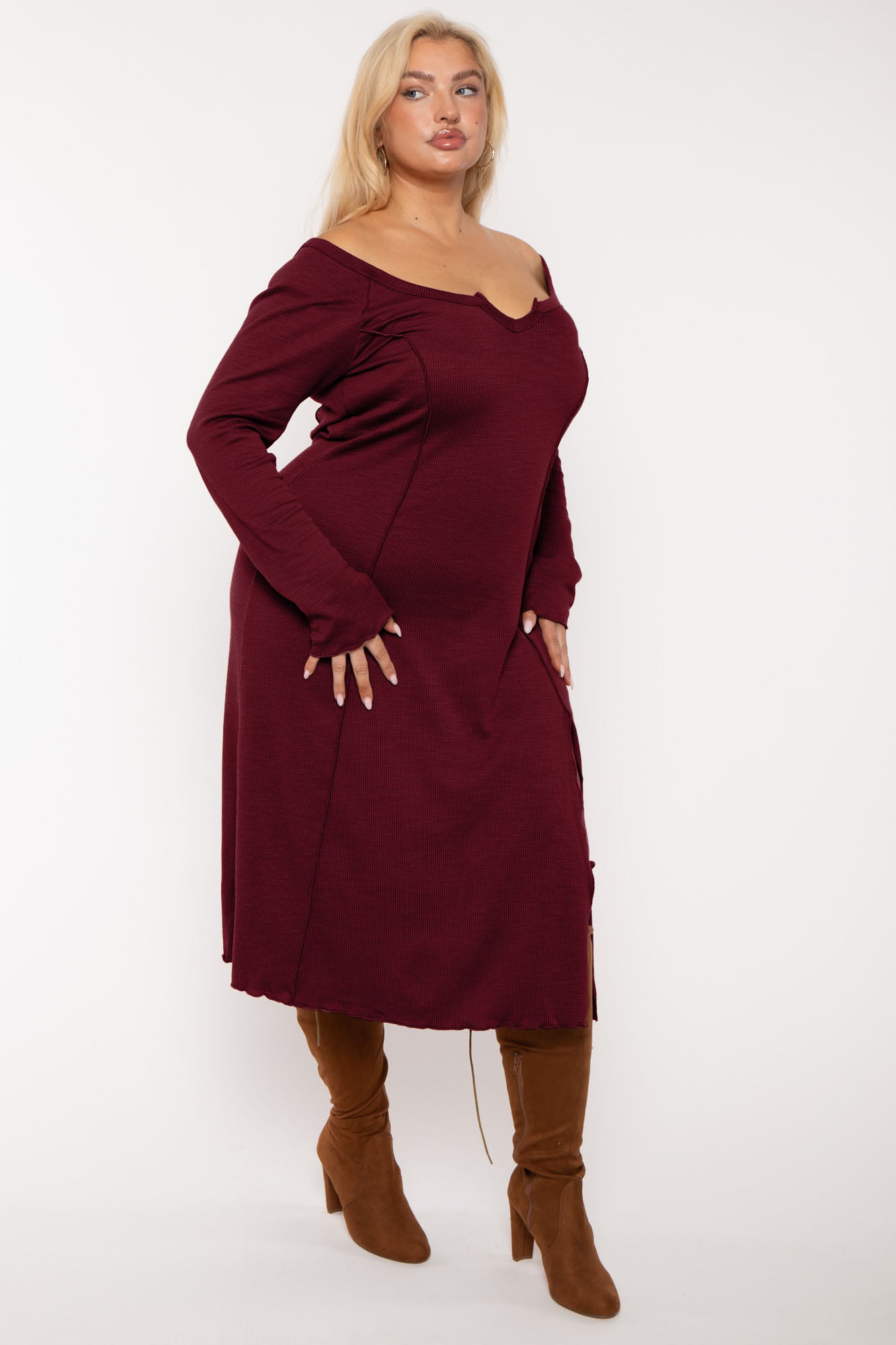 Plus Size Notch Neck  Maxi Dress -Burgundy