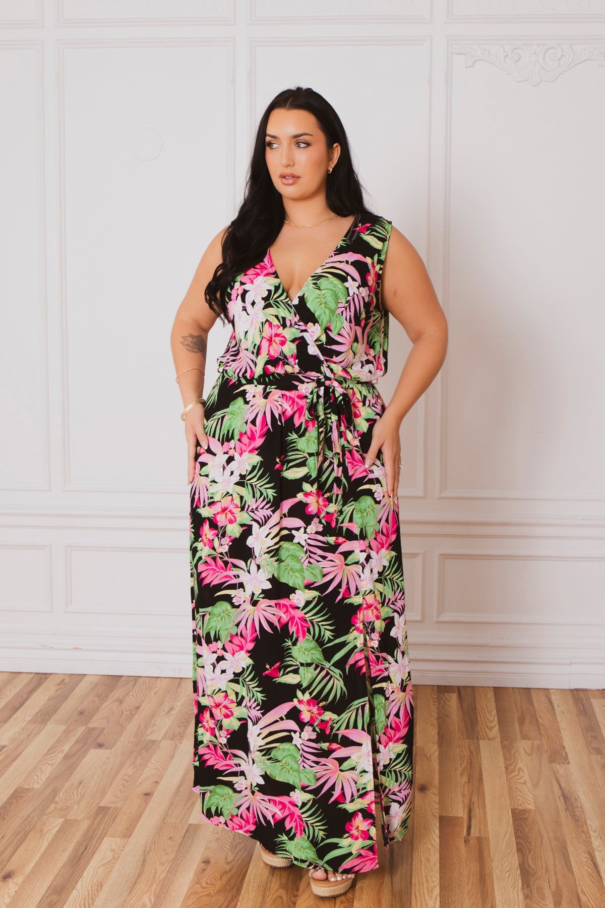 Plus Size Paradise Escape Wrap Dress - Black