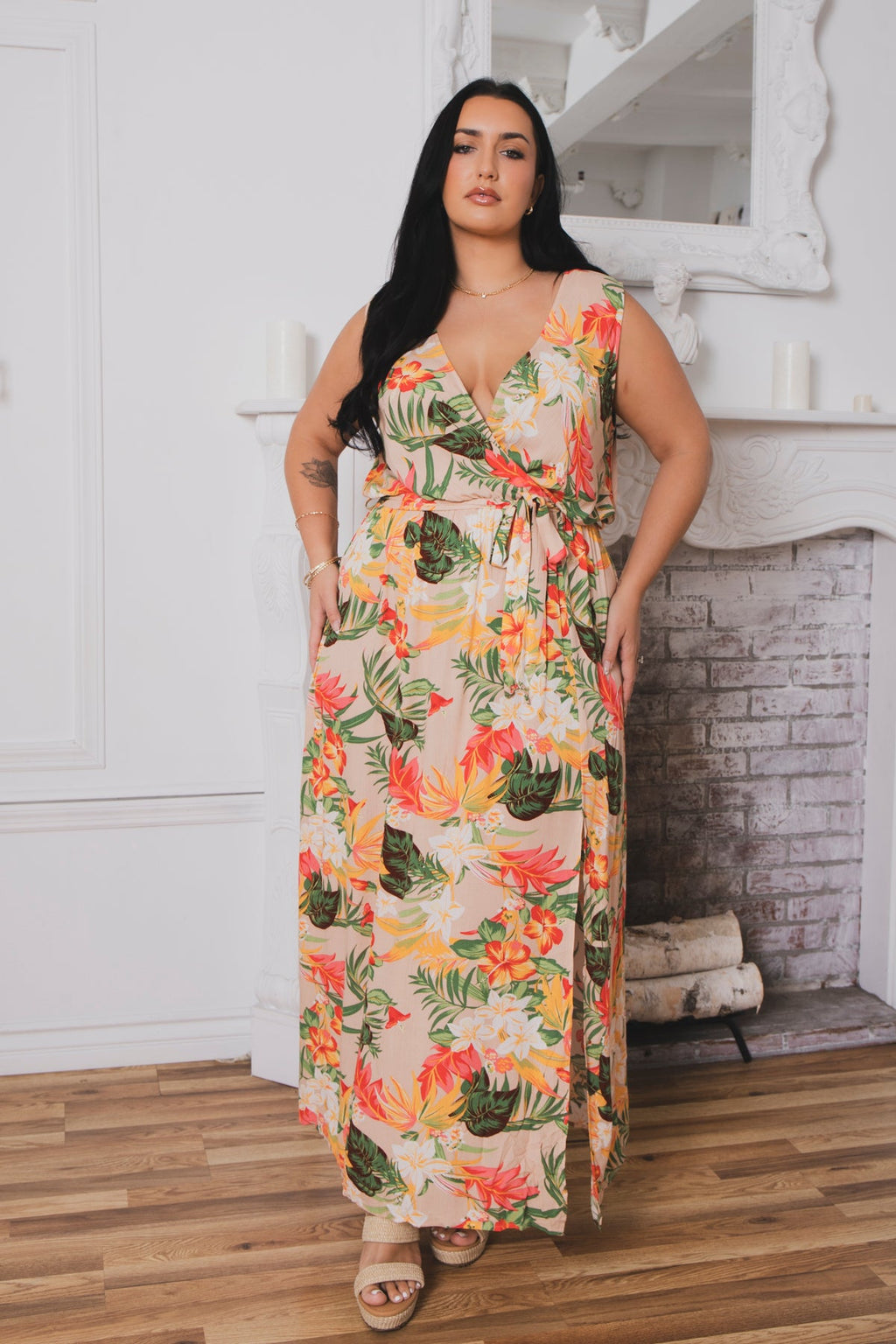 Plus Size Paradise Escape Wrap Dress - Taupe