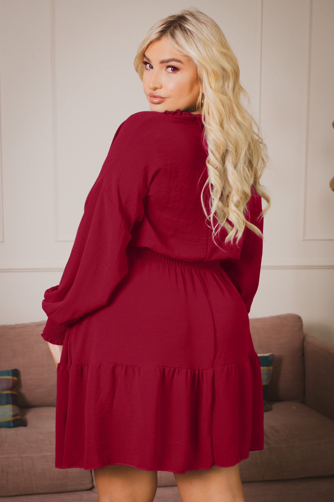 Plus Size Riella Ruffle   Dress -Dark Red