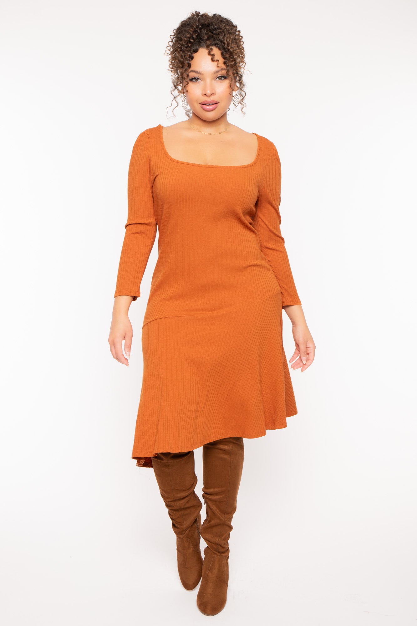 Plus Size Riley Ribbed  Dress - Rust