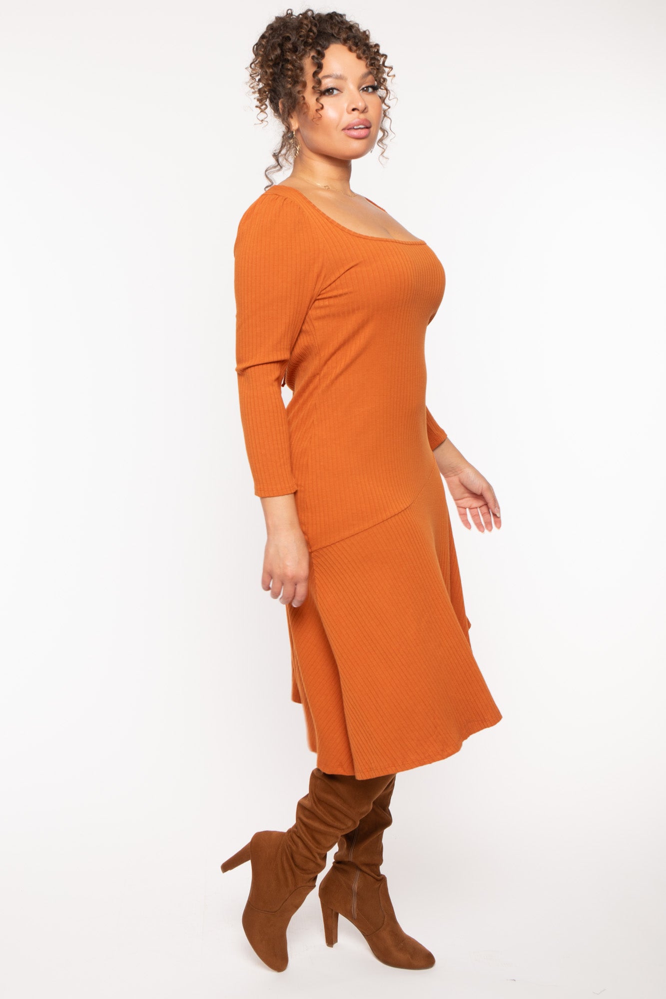 Plus Size Riley Ribbed  Dress - Rust