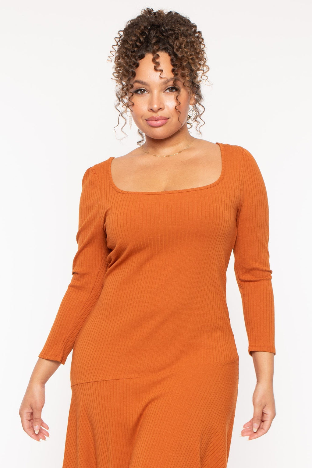 Plus Size Riley Ribbed  Dress - Rust