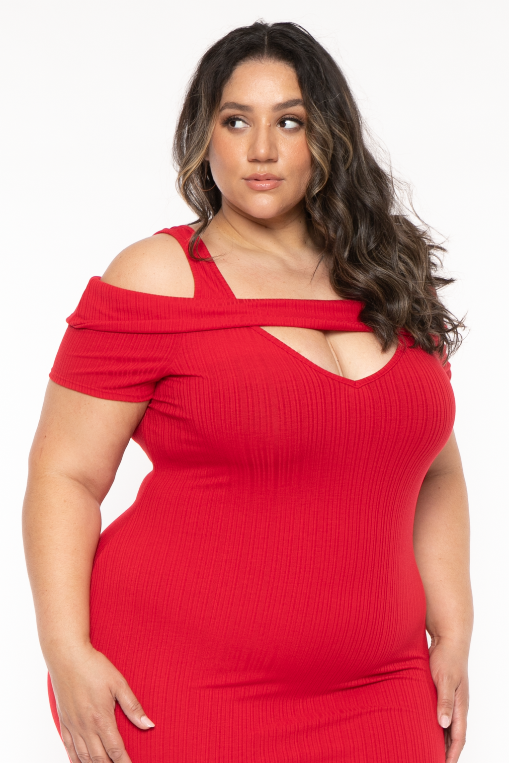 Plus Size Shri Cold Shoulder Midi Dress -Red