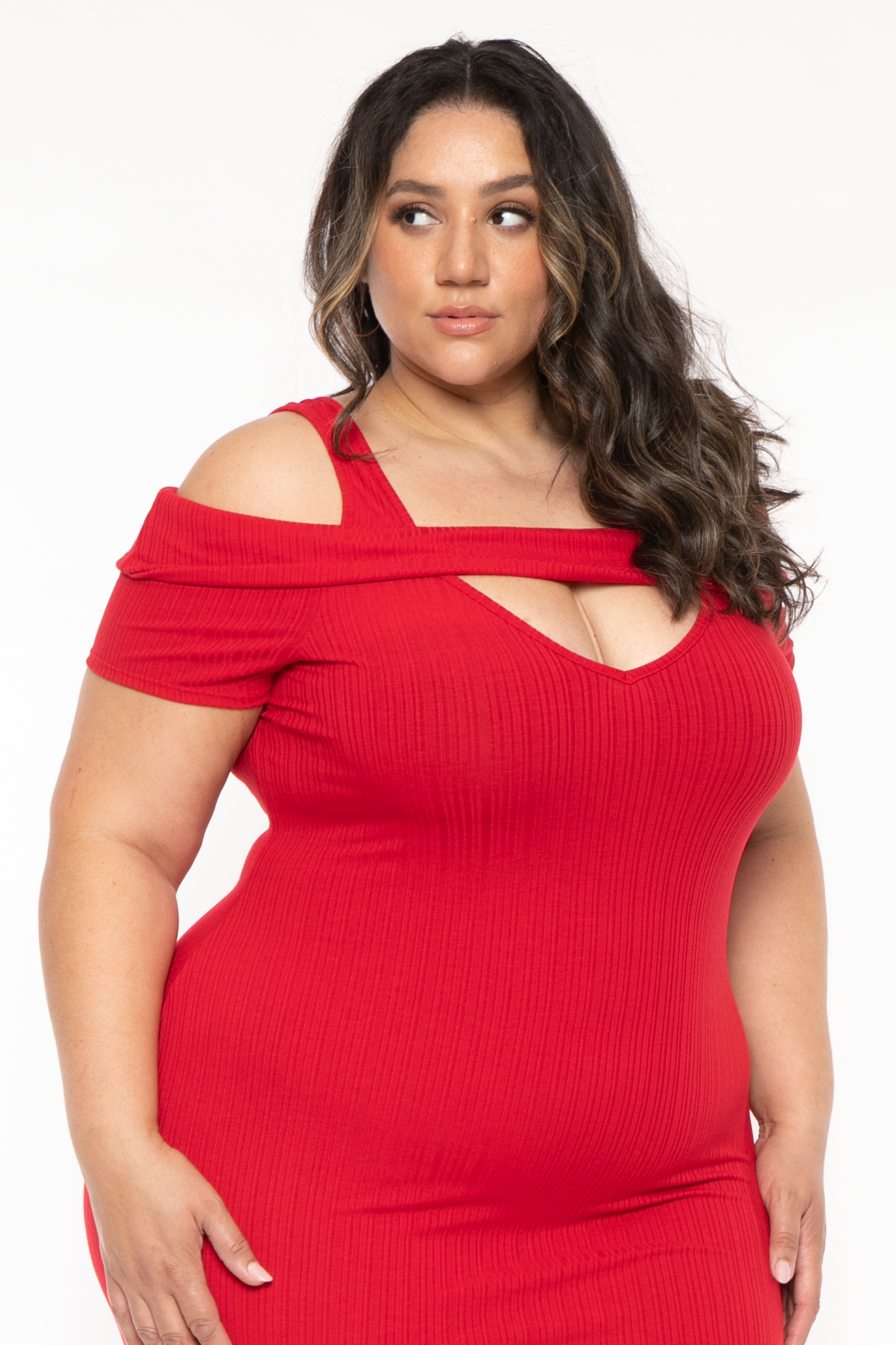 Plus Size Shri Cold Shoulder Midi Dress -Red