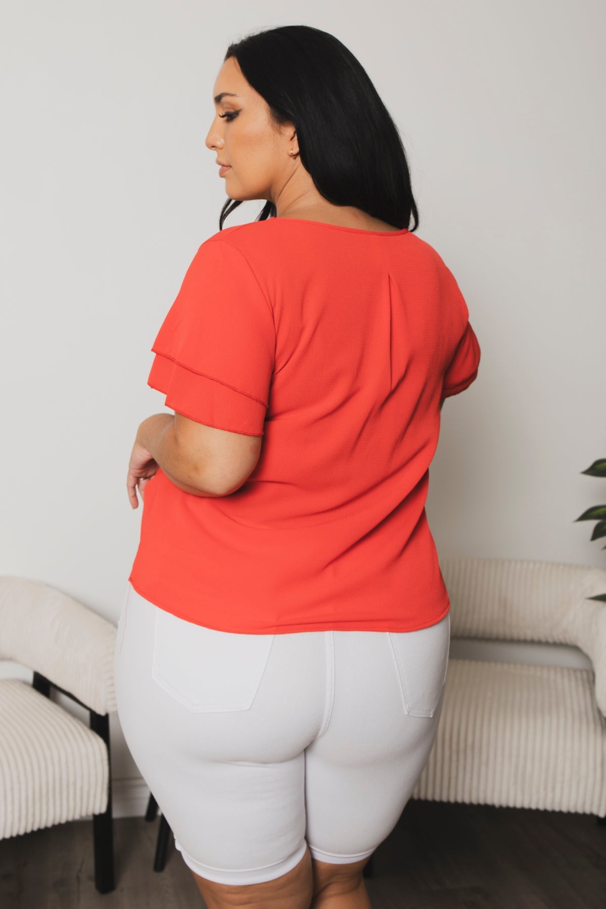 Plus Size Sunset Breeze Flutter Sleeve Top - Red