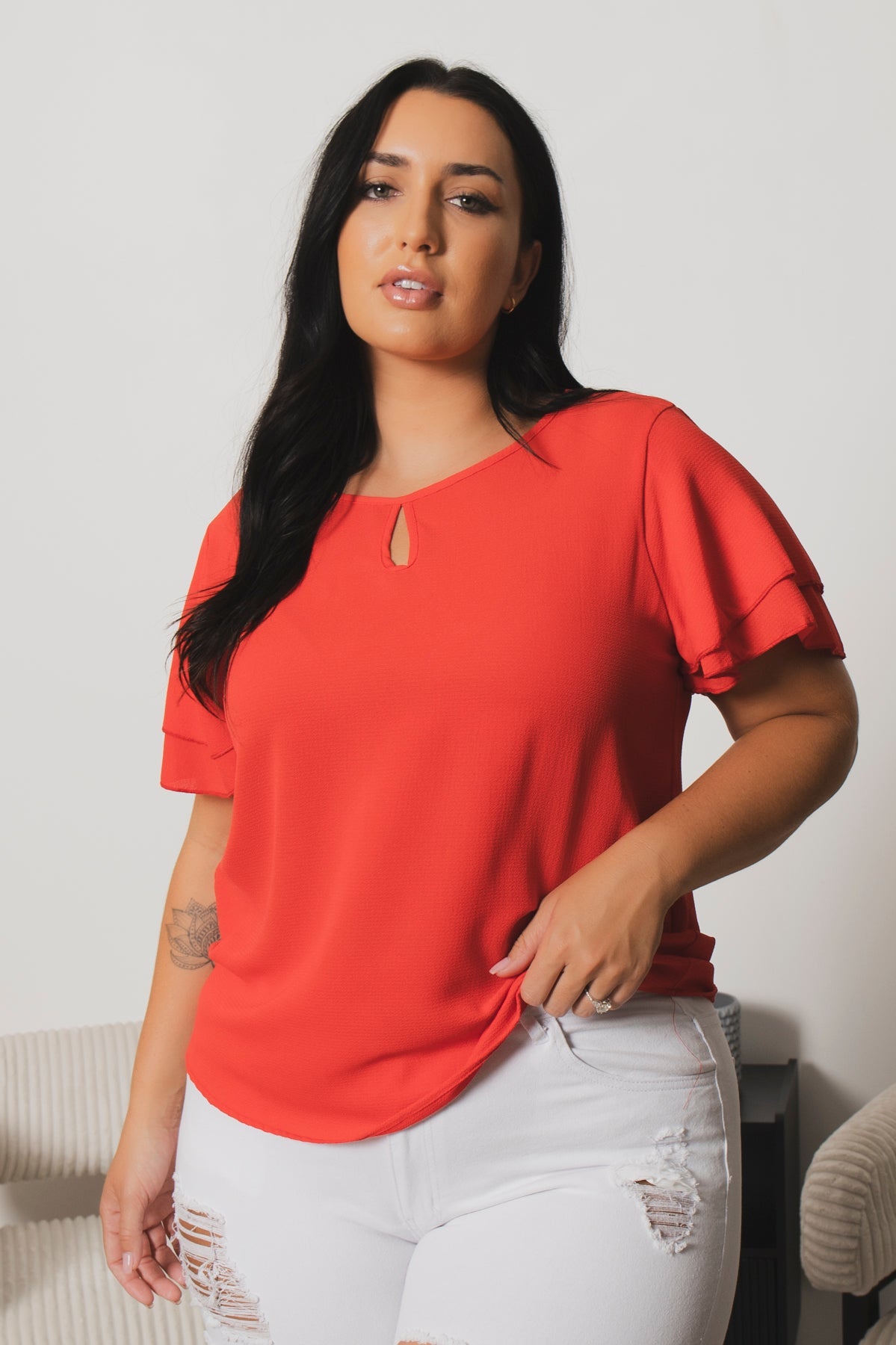 Plus Size Sunset Breeze Flutter Sleeve Top - Red