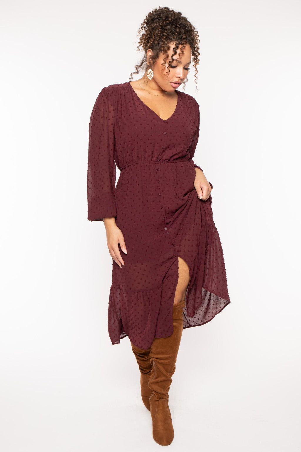 Plus Size Swiss Dot Bohemia Dress - Burgundy