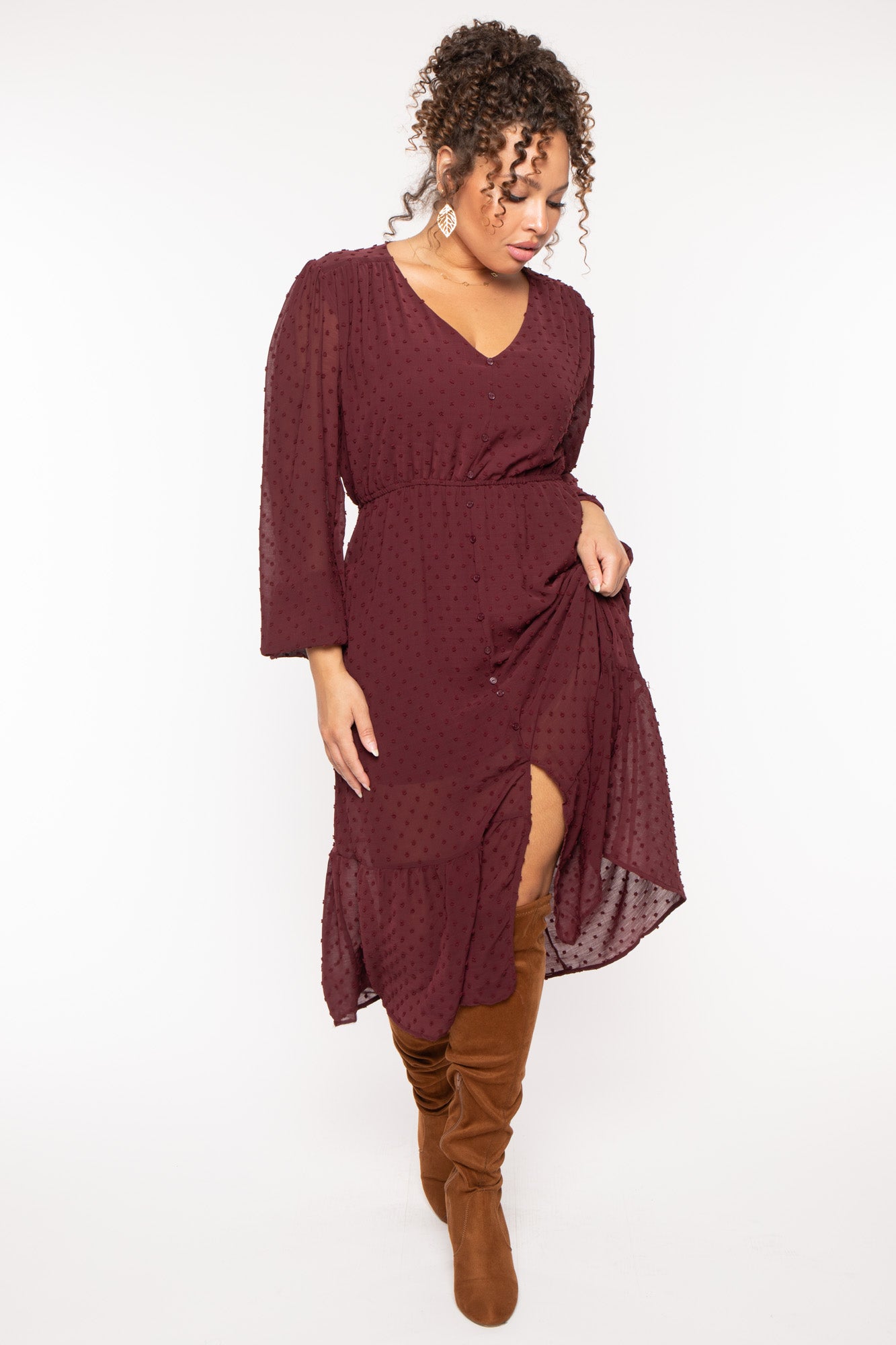 Plus Size Swiss Dot Bohemia Dress - Burgundy