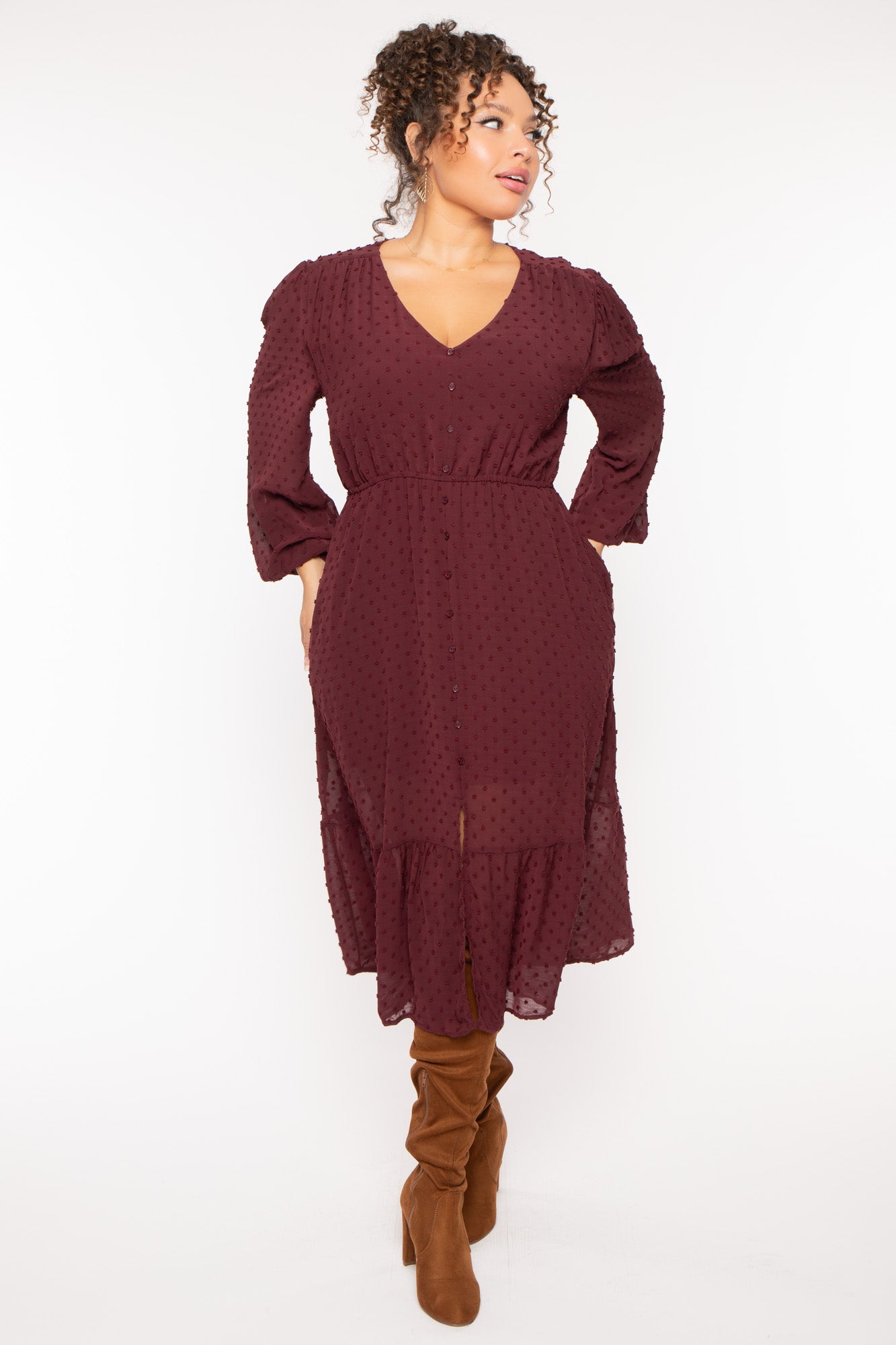 Plus Size Swiss Dot Bohemia Dress - Burgundy