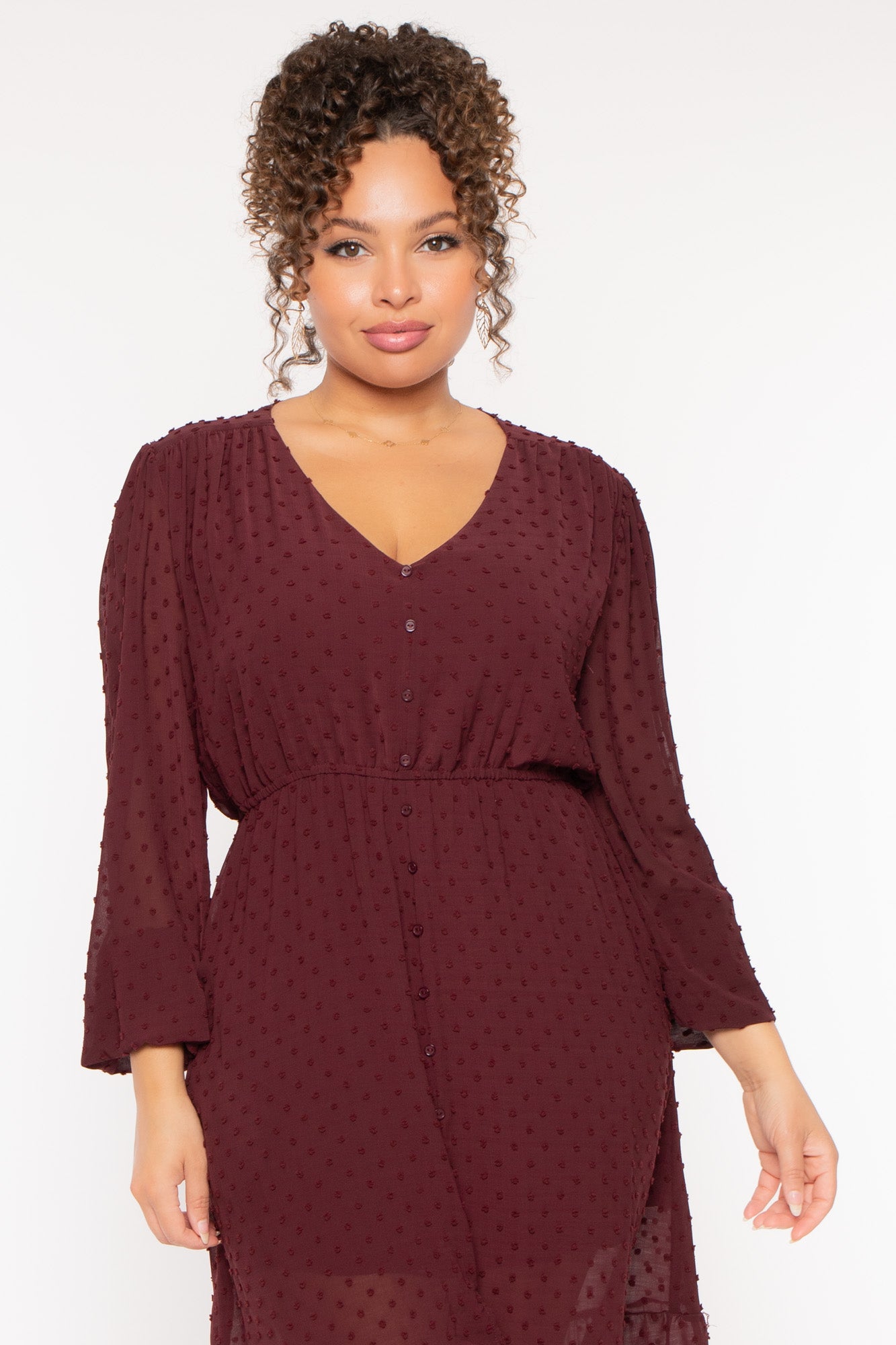 Plus Size Swiss Dot Bohemia Dress - Burgundy