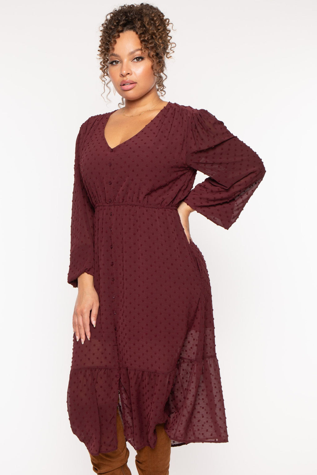 Plus Size Swiss Dot Bohemia Dress - Burgundy