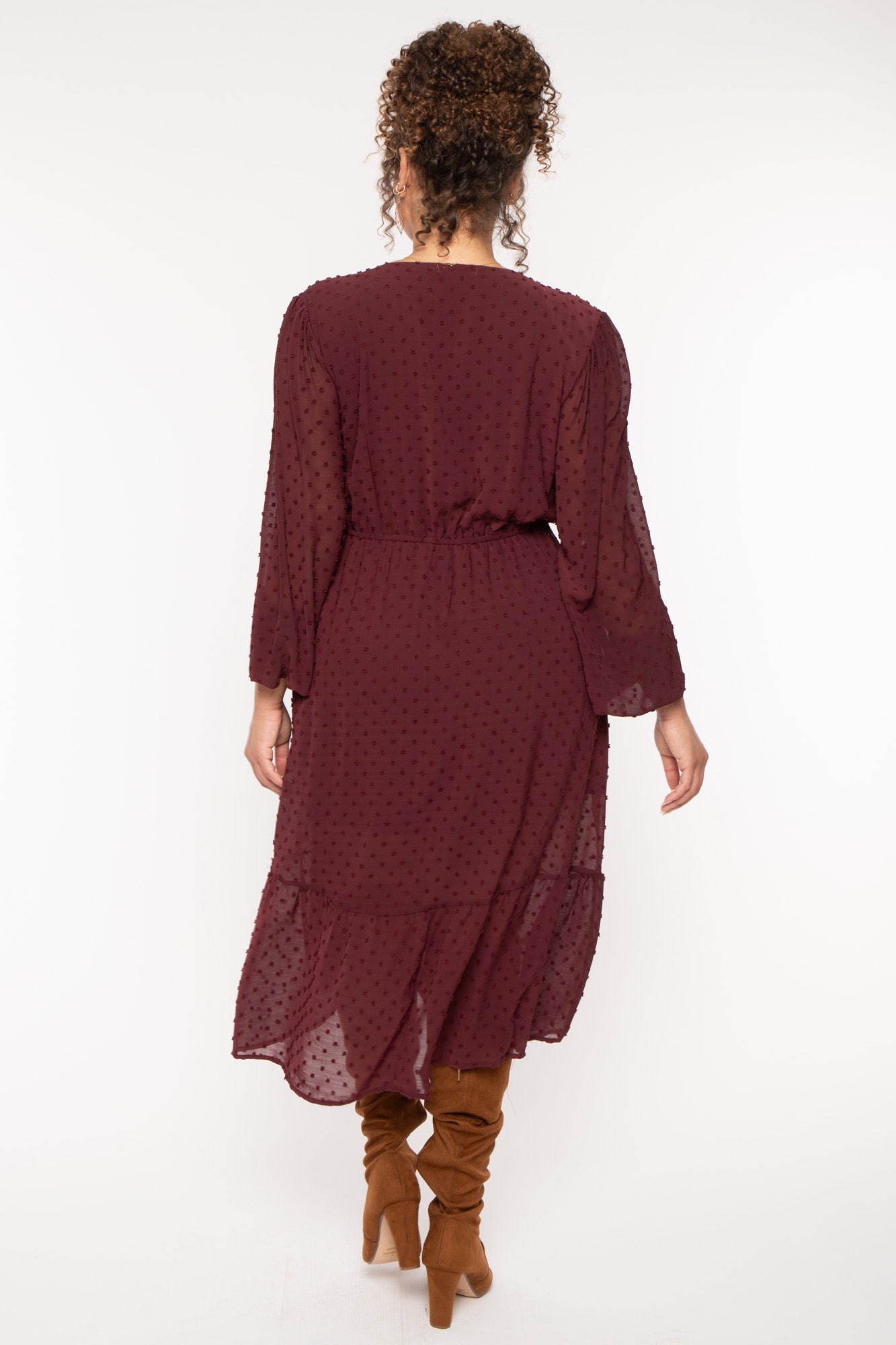 Plus Size Swiss Dot Bohemia Dress - Burgundy