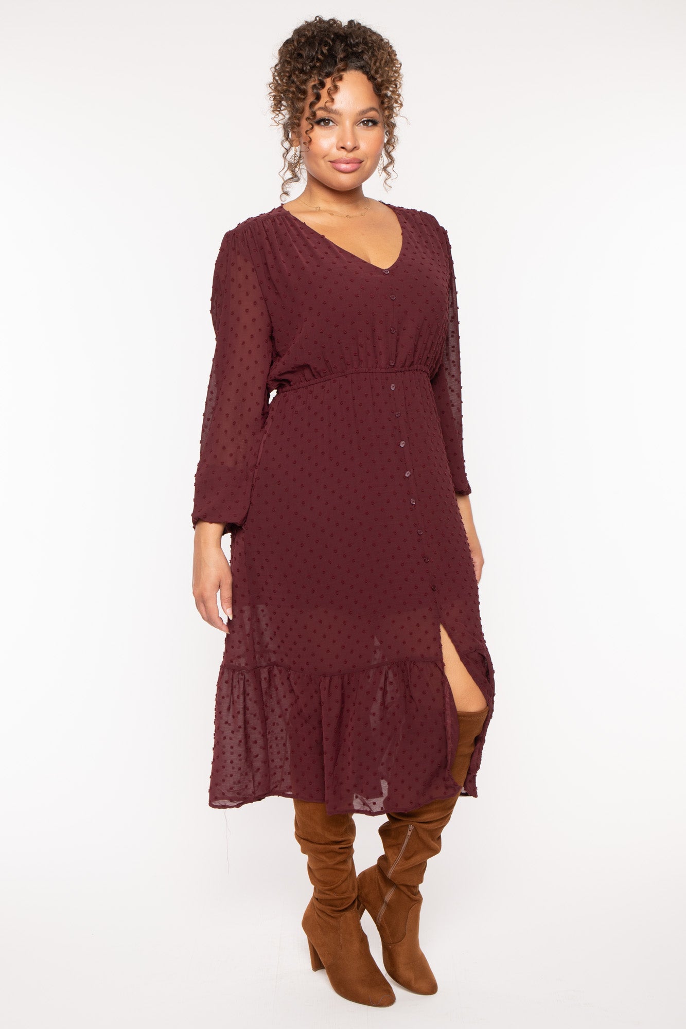 Plus Size Swiss Dot Bohemia Dress - Burgundy