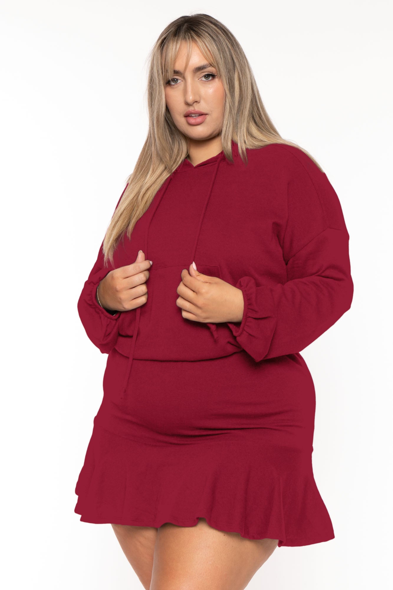 Plus Size Tracie Hoodie  Mini  Dress - Burgundy