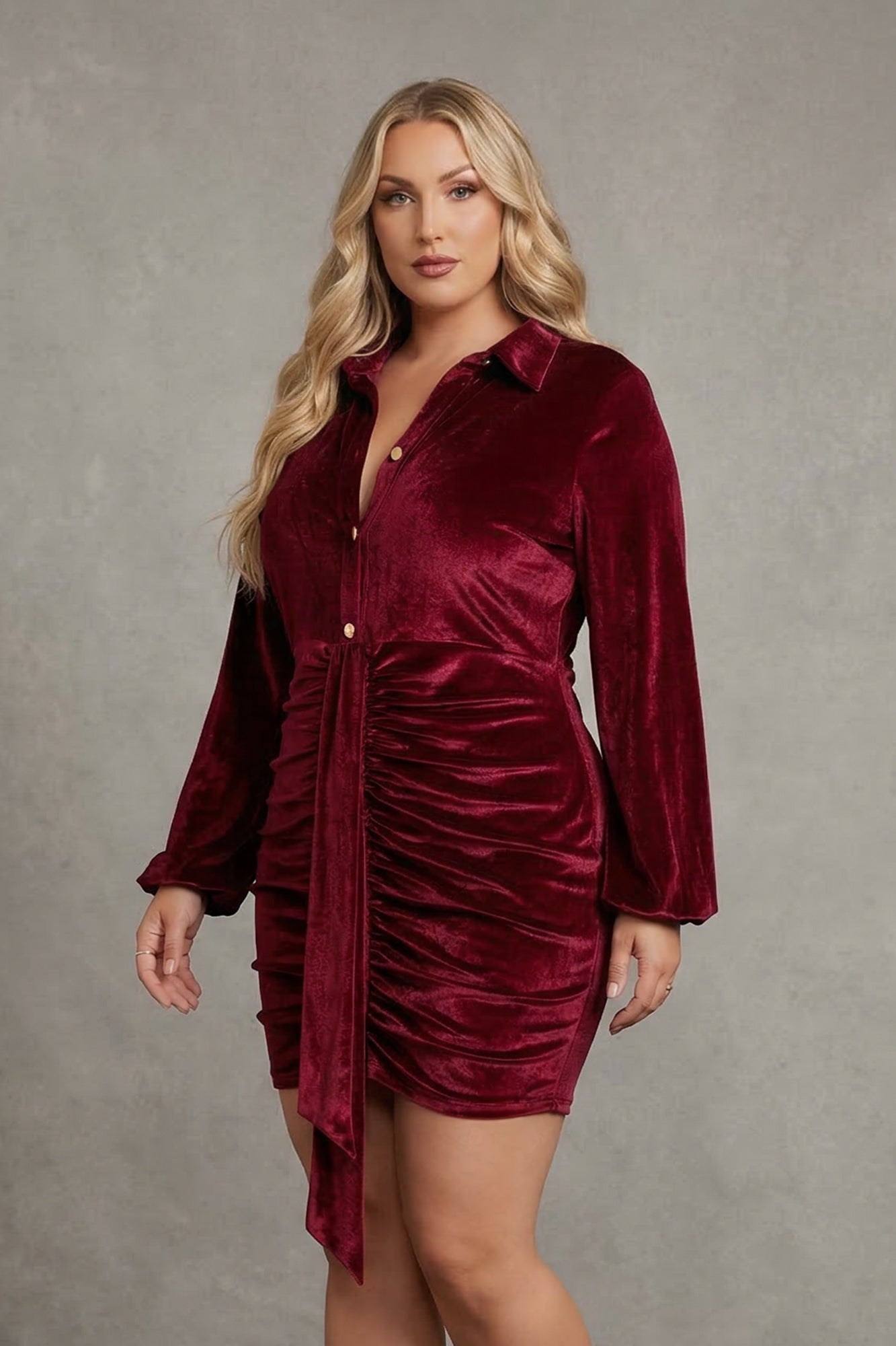 Plus Size Velvet Mini Dress - Burgundy