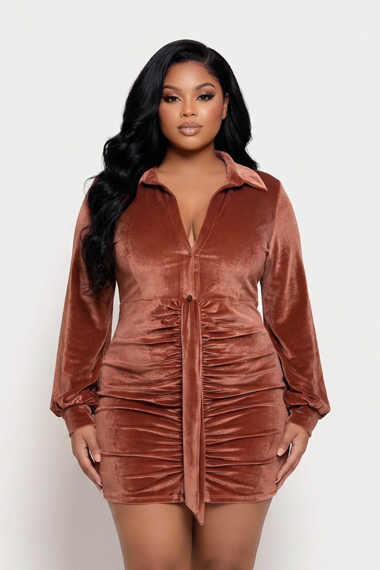 Plus Size Velvet Mini Dress - Rust