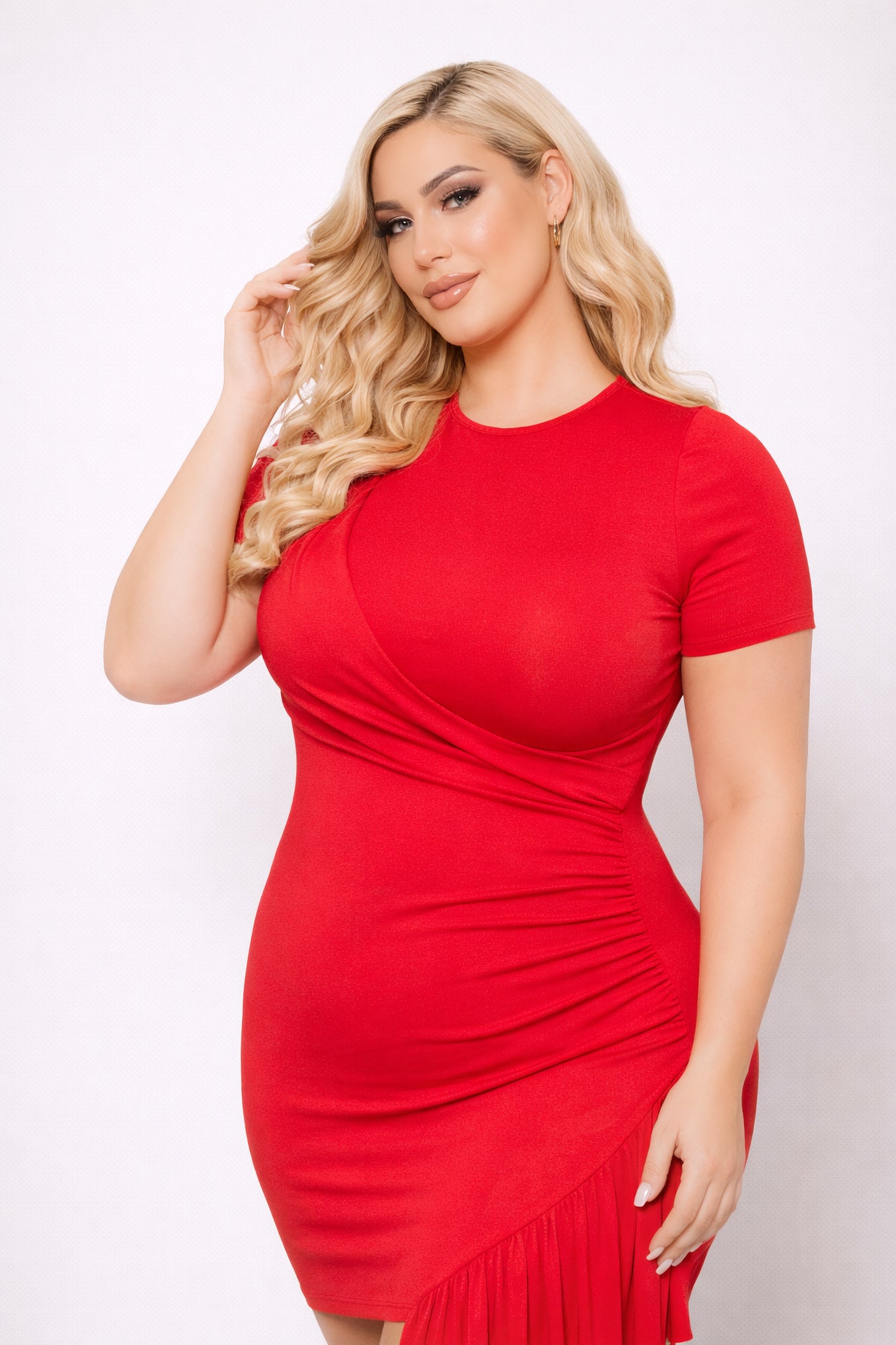 Plus Size Vernice Ruffle Bodycon  Dress - Red