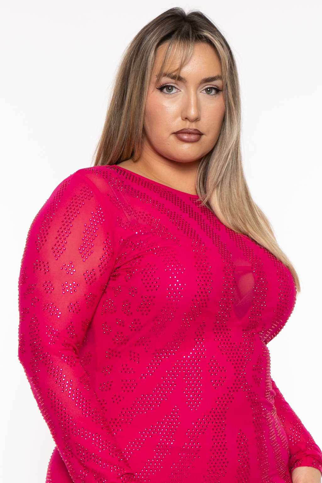 Plus Size Yelena Rhinestone Dress- Magenta
