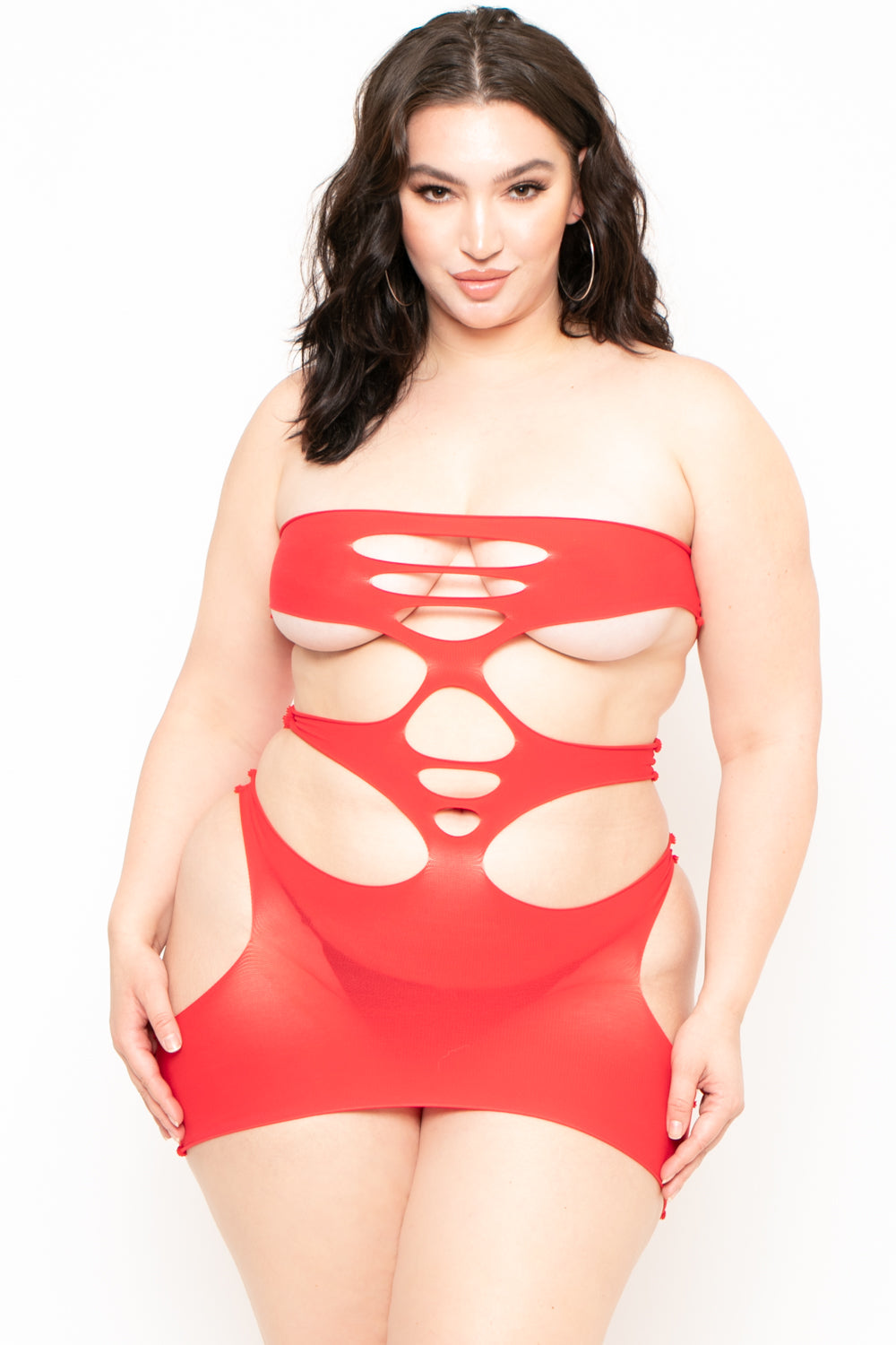 Plus Size Cutout Bodystocking Lingerie - Red