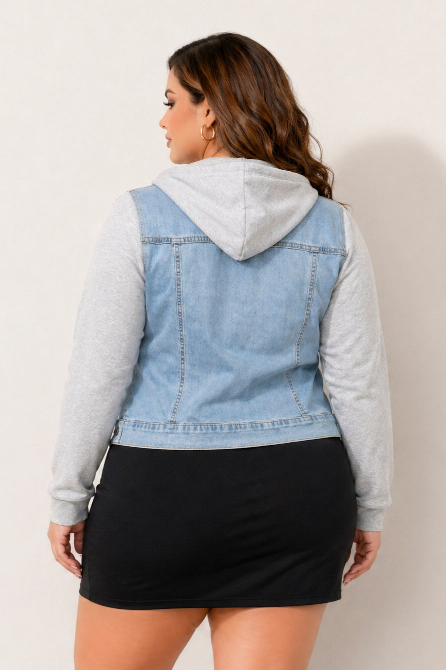 Plus Size Hoodie Denim Jacket - Light Wash