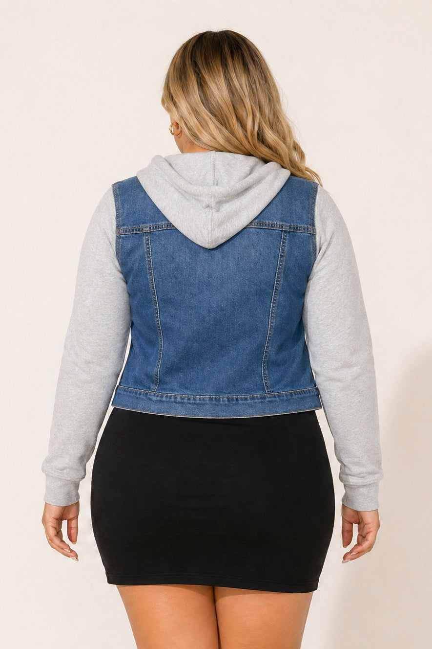Plus Size Hoodie Denim Jacket - Medium Wash