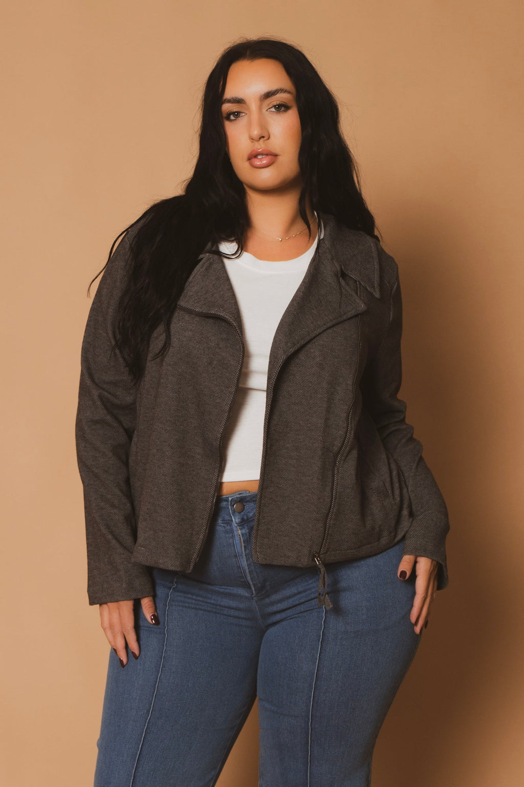 Plus Size Moto Zip-Up  Jacket -Charcoal