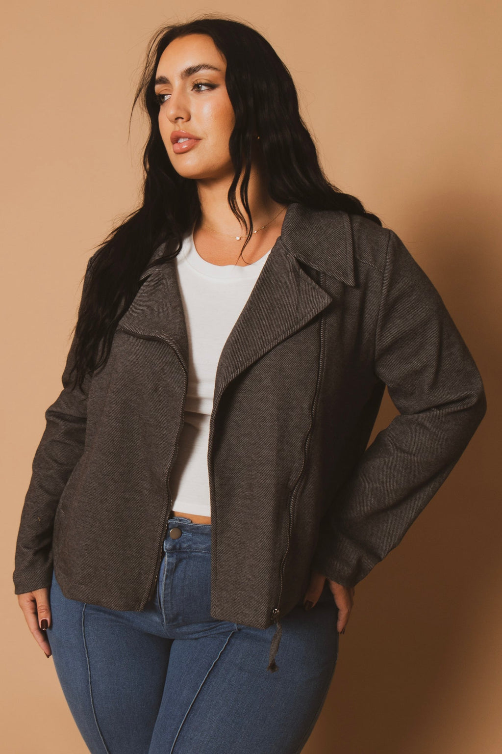 Plus Size Moto Zip-Up  Jacket -Charcoal