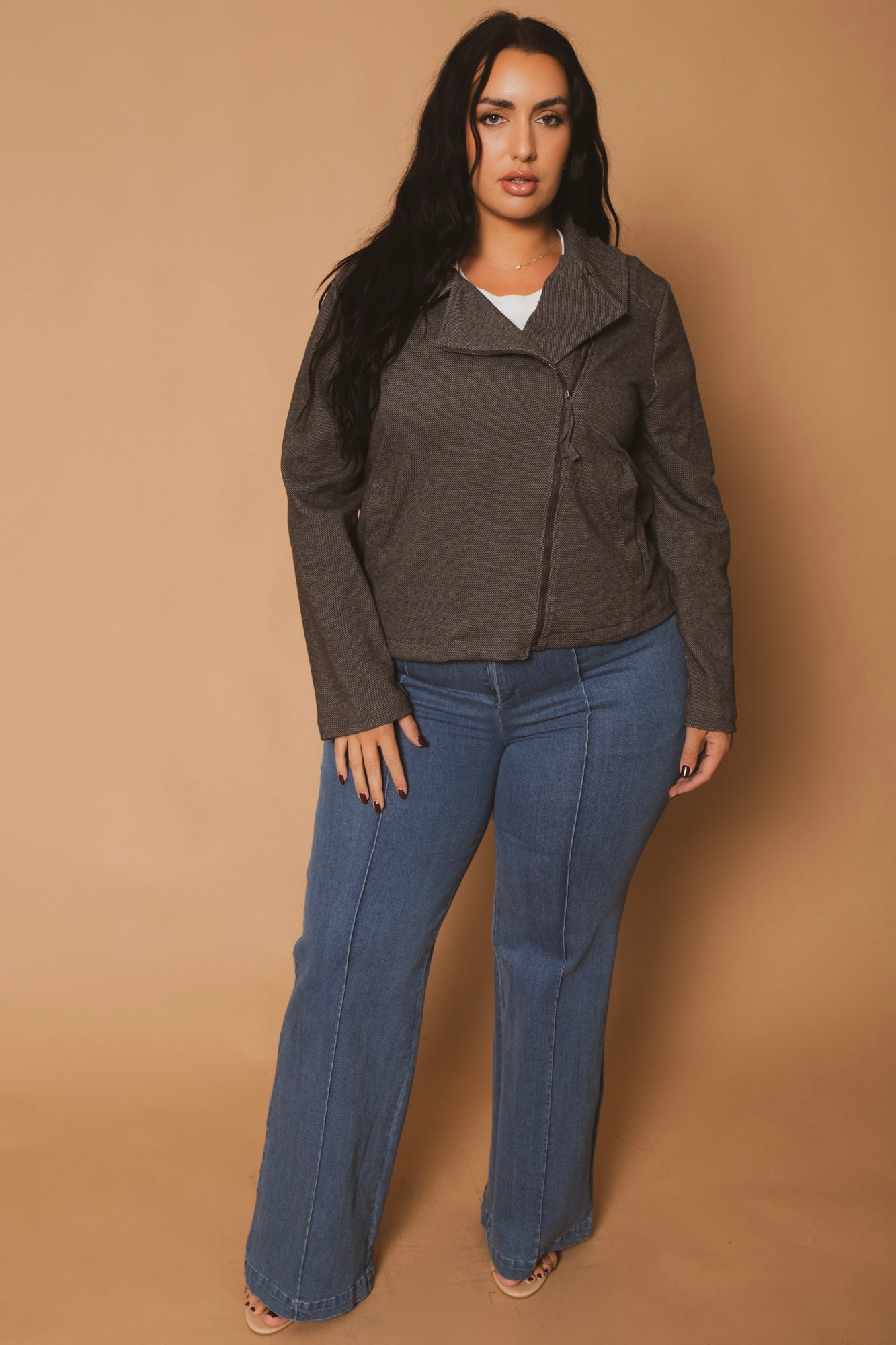 Plus Size Moto Zip-Up  Jacket -Charcoal