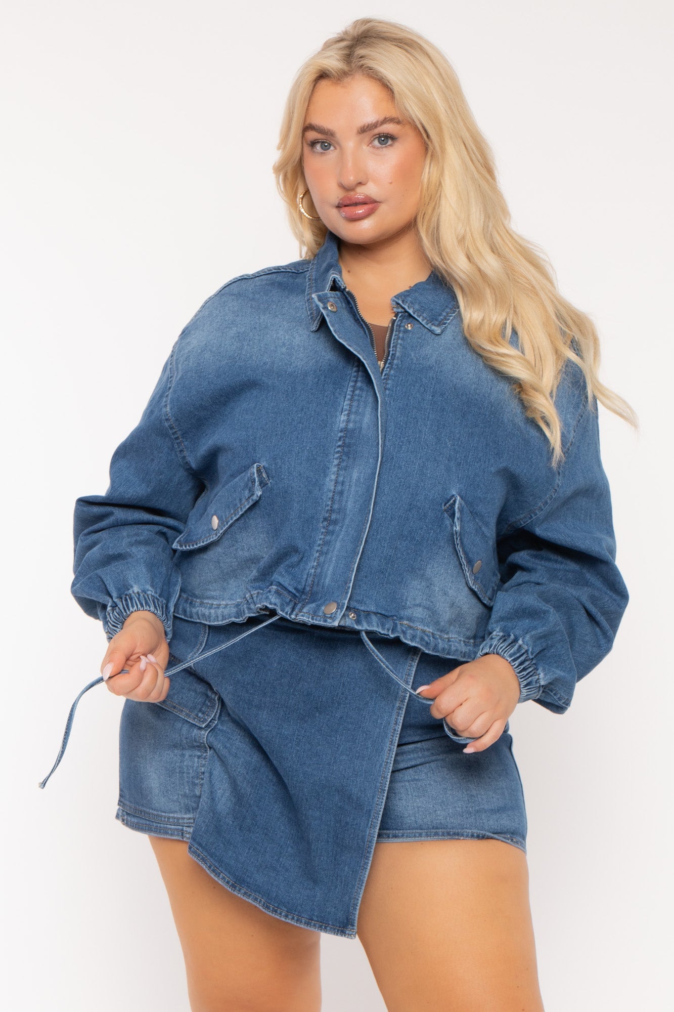 Plus Size Sheila Drawstring Denim  Jacket  -Blue