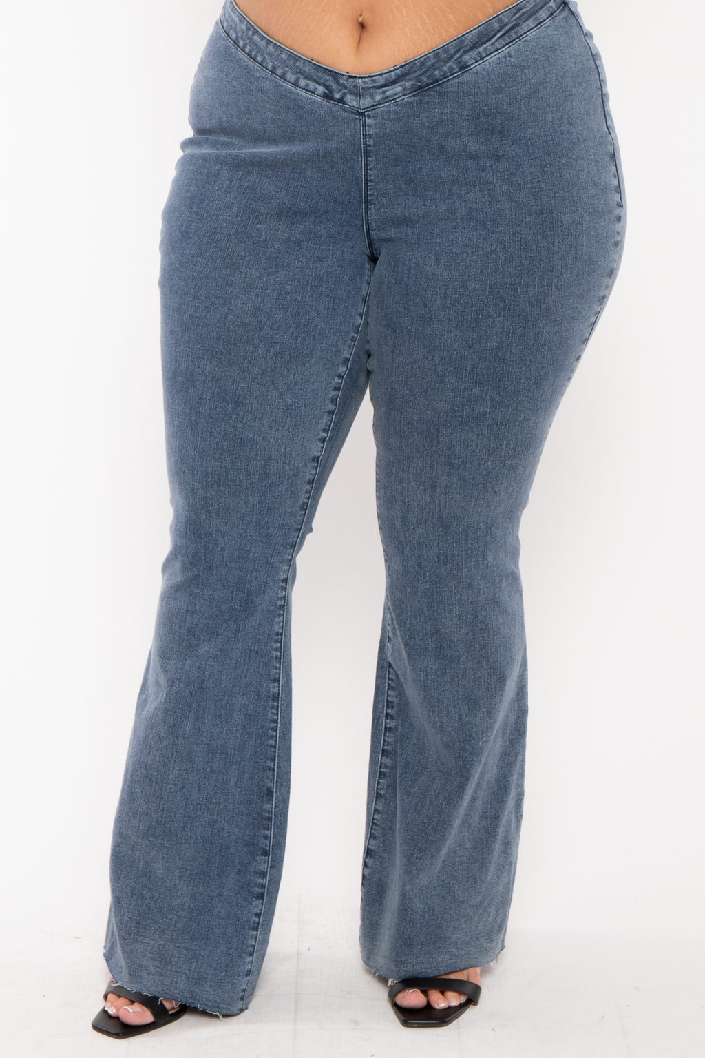 Plus Mid Low Rise V-Front Pull on flare Jeans- Medium Wash