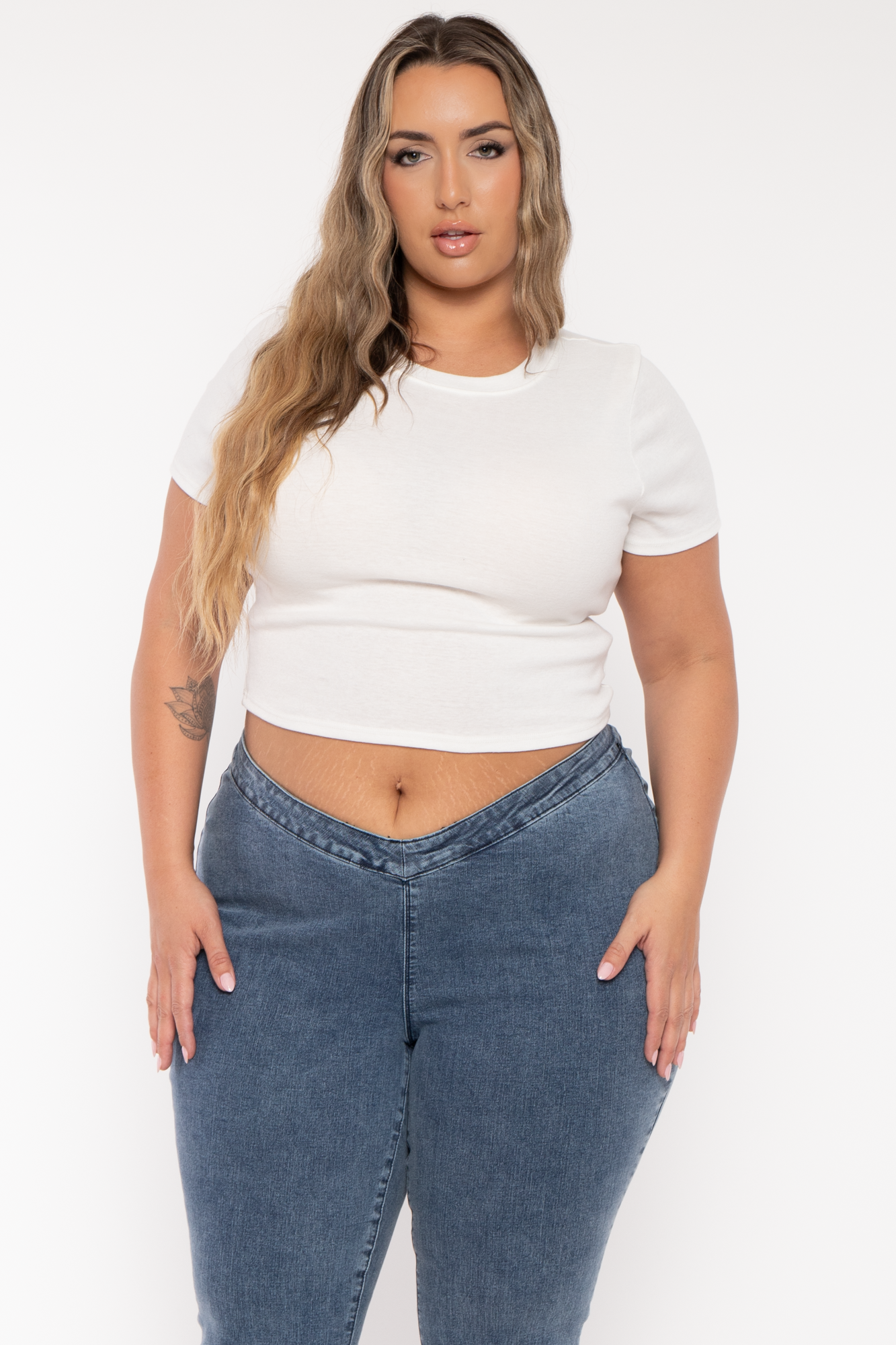 Plus Mid Low Rise V-Front Pull on flare Jeans- Medium Wash