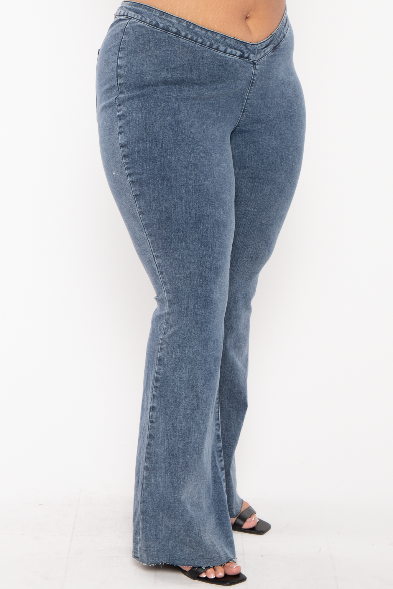 Plus Mid Low Rise V-Front Pull on flare Jeans- Medium Wash