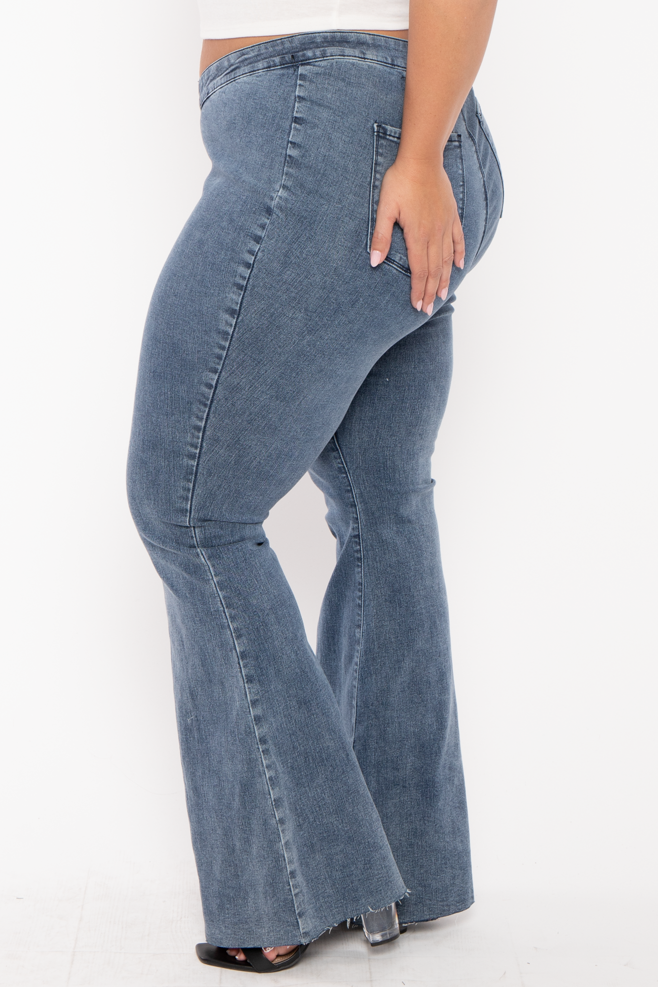 Plus Mid Low Rise V-Front Pull on flare Jeans- Medium Wash