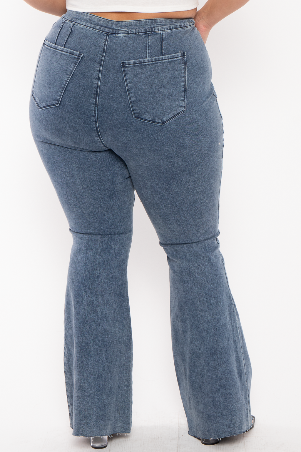 Plus Mid Low Rise V-Front Pull on flare Jeans- Medium Wash