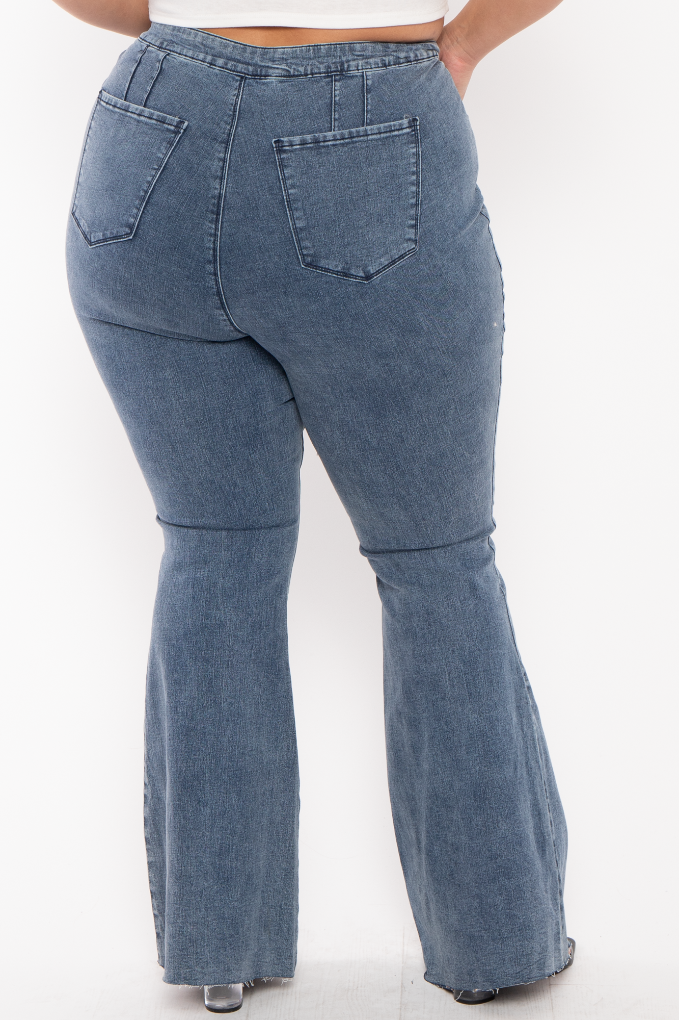 Plus Mid Low Rise V-Front Pull on flare Jeans- Medium Wash