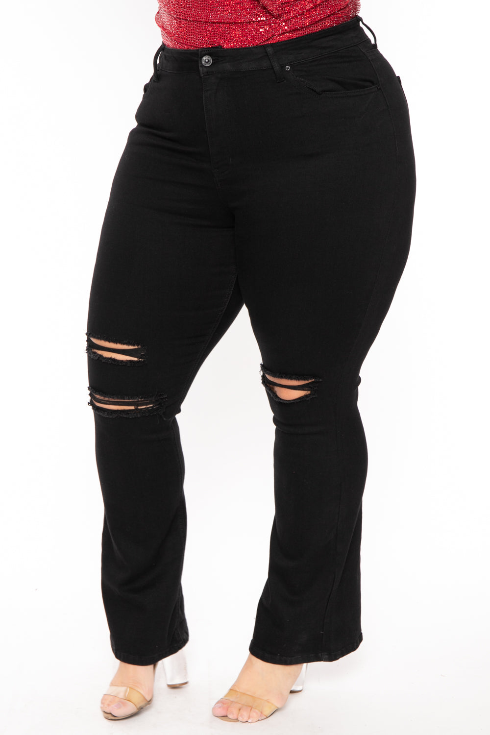 Plus Size Destructed Flare Jean -  Black