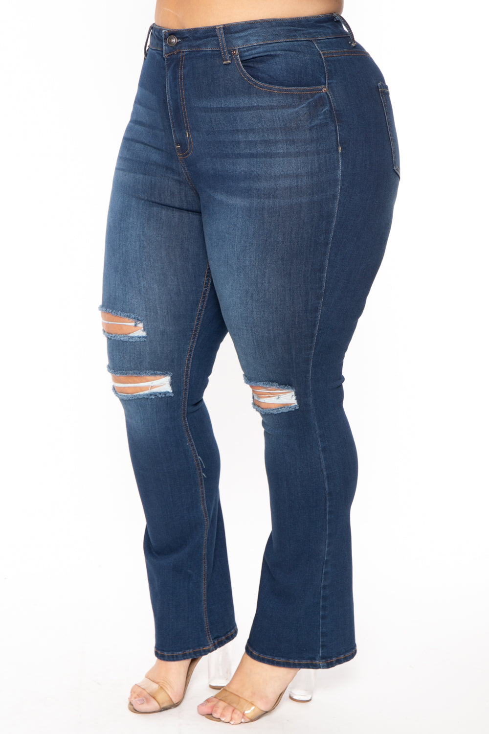 Plus Size Destructed Flare Jean -  Dark Wash
