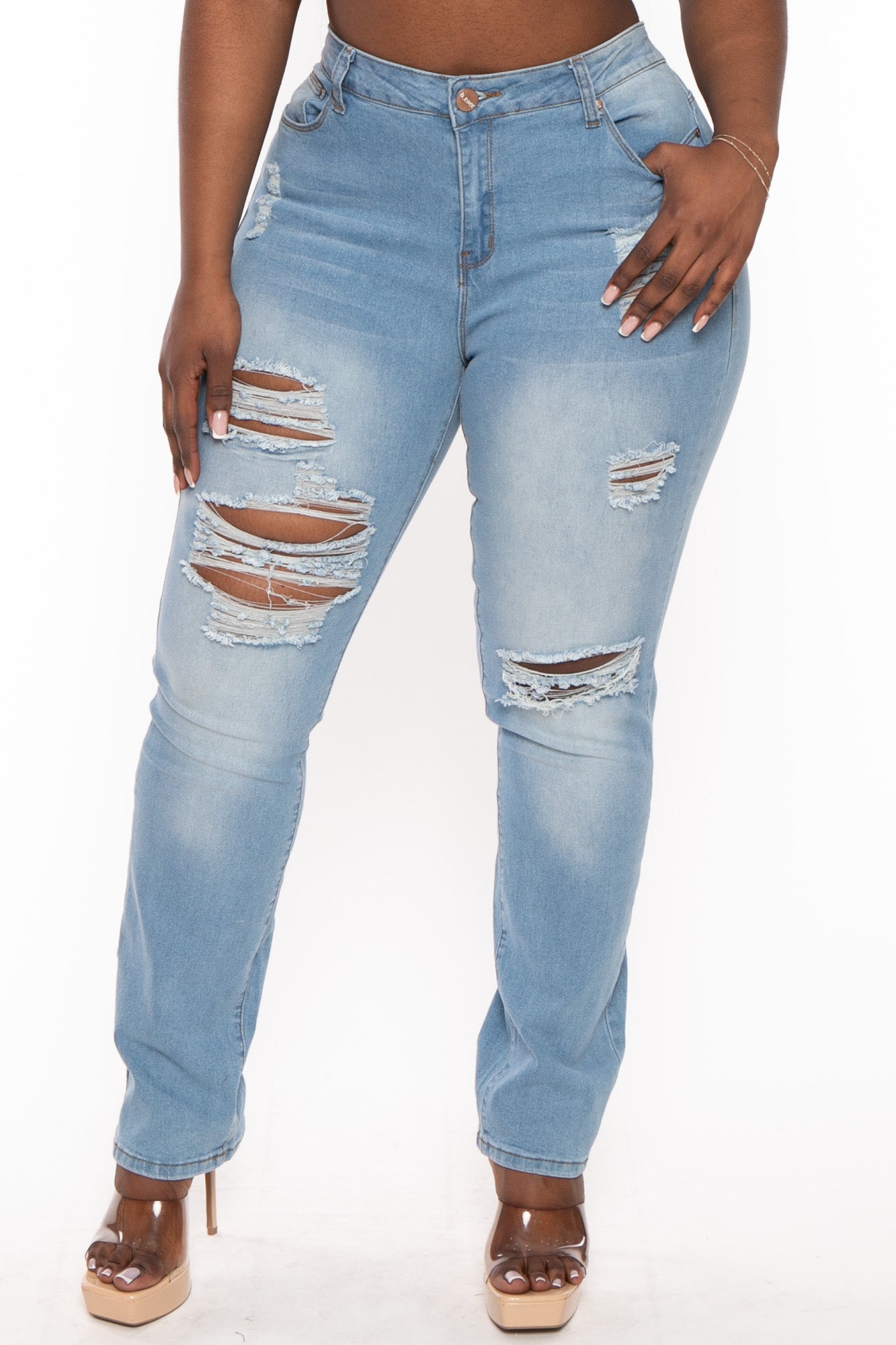 Plus Size Distressed Boyfriend Jean - Light Blue