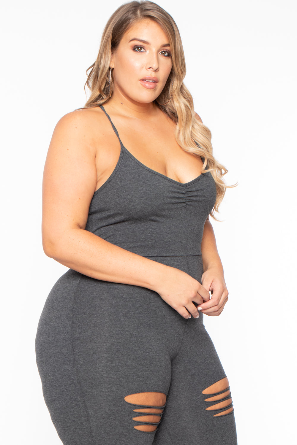 Plus Size Destroyed Catsuit Jumpsuit - Charcoal