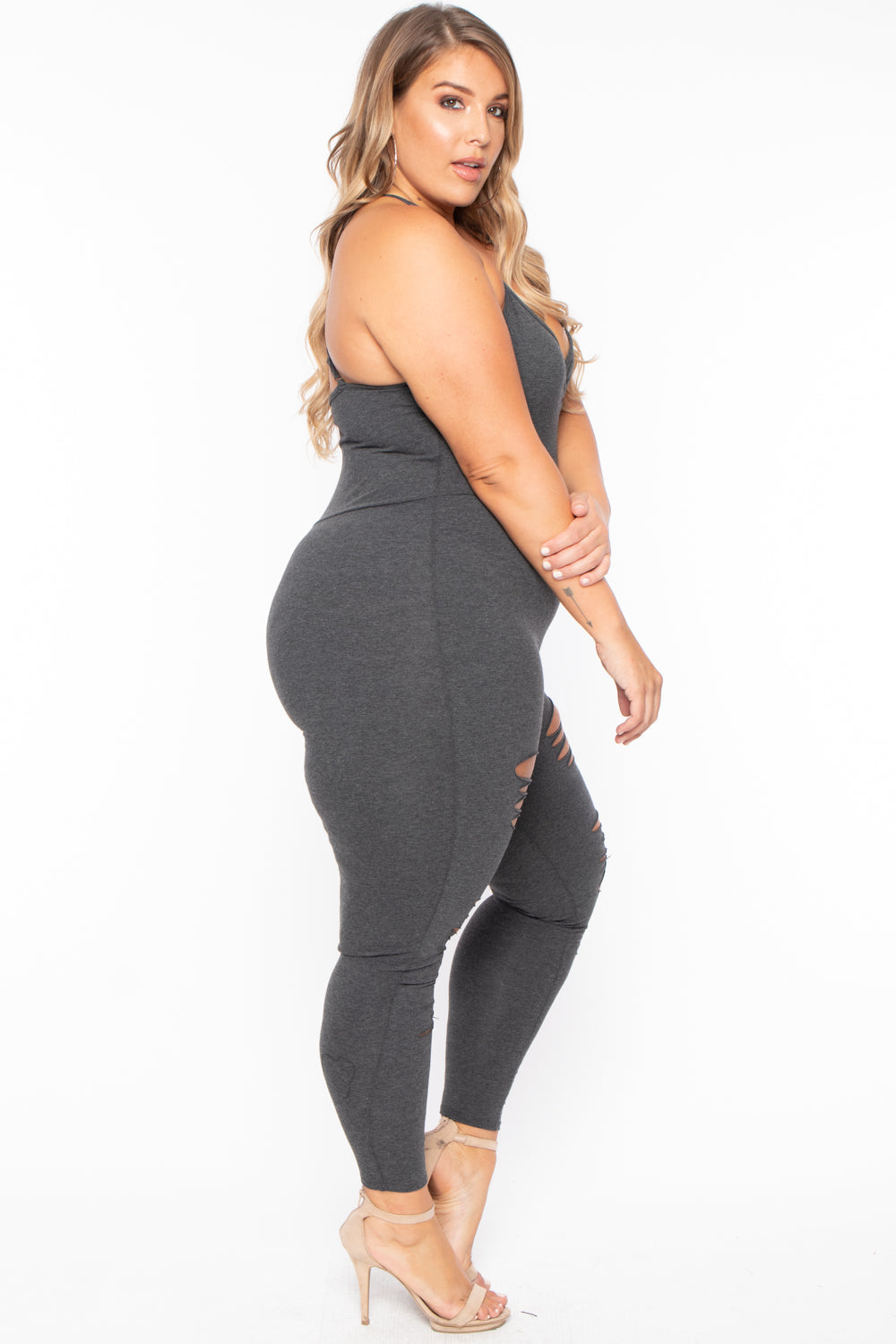 Plus Size Destroyed Catsuit Jumpsuit - Charcoal