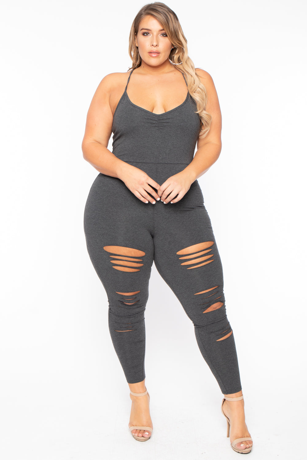 Plus Size Destroyed Catsuit Jumpsuit - Charcoal