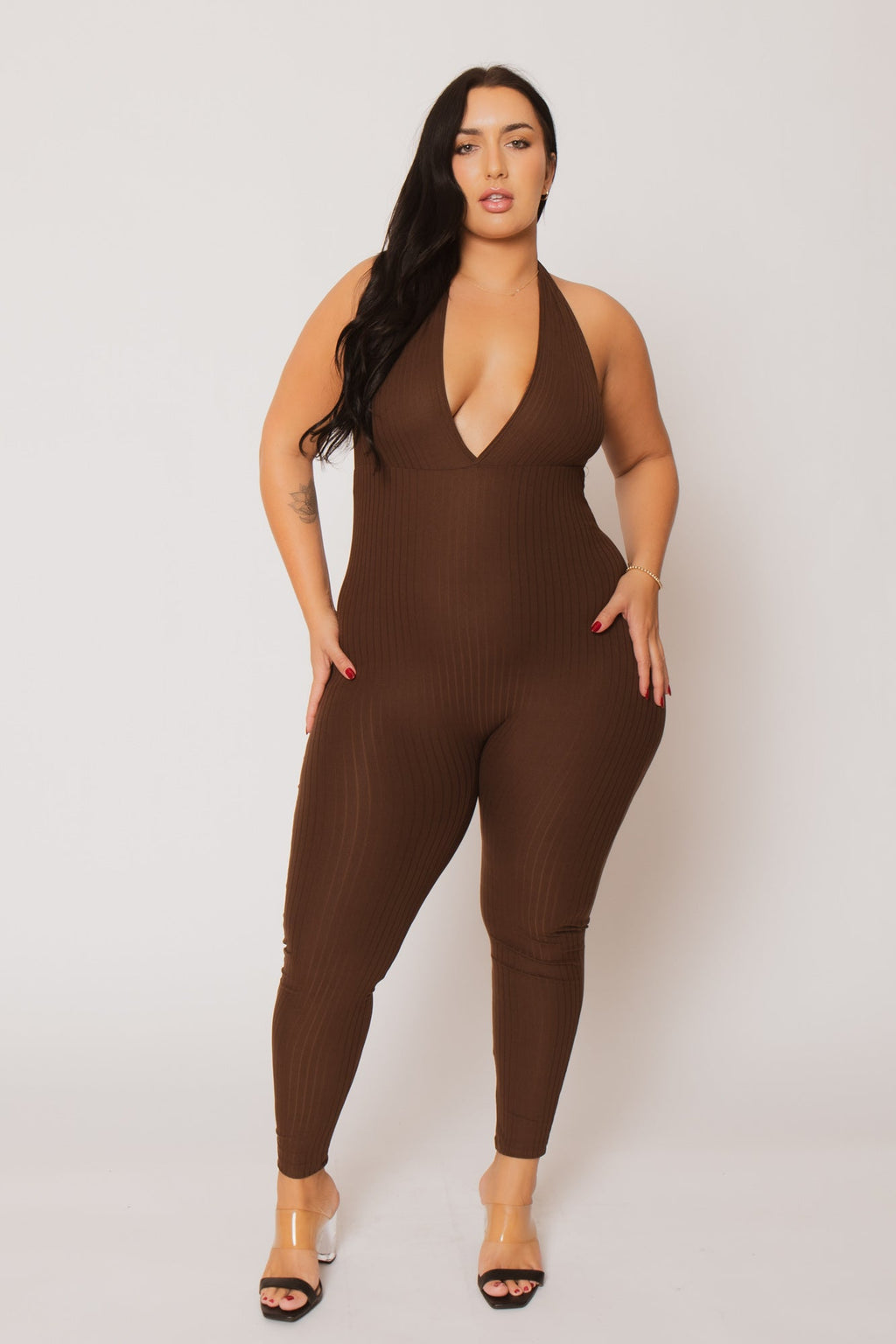 Plus Size Kiana Rib  Jumpsuit - Brown