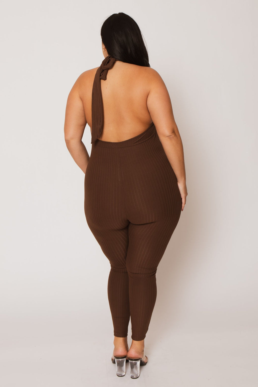 Plus Size Kiana Rib  Jumpsuit - Brown